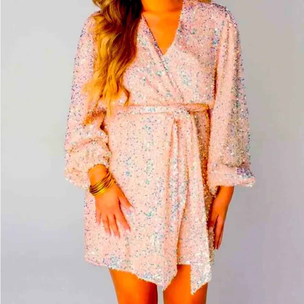 Buddy Love Adeline Pink Sequin Long Sleeve Wrap Mini Dress SZ L